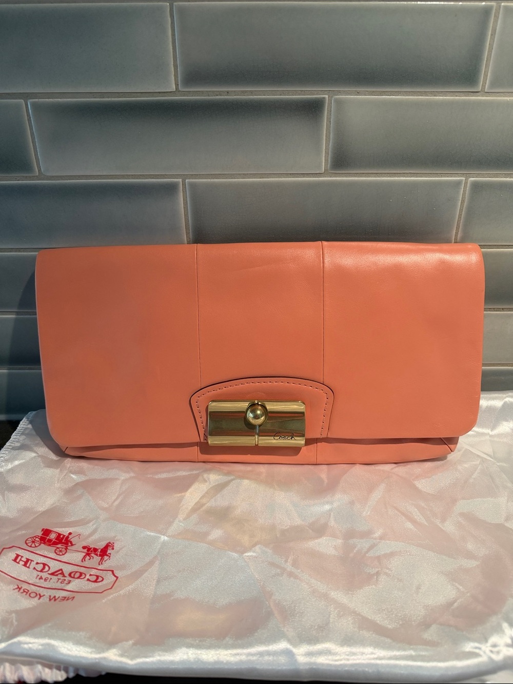 Coach Coral Pink Leather Clutch with Gold Turnlock